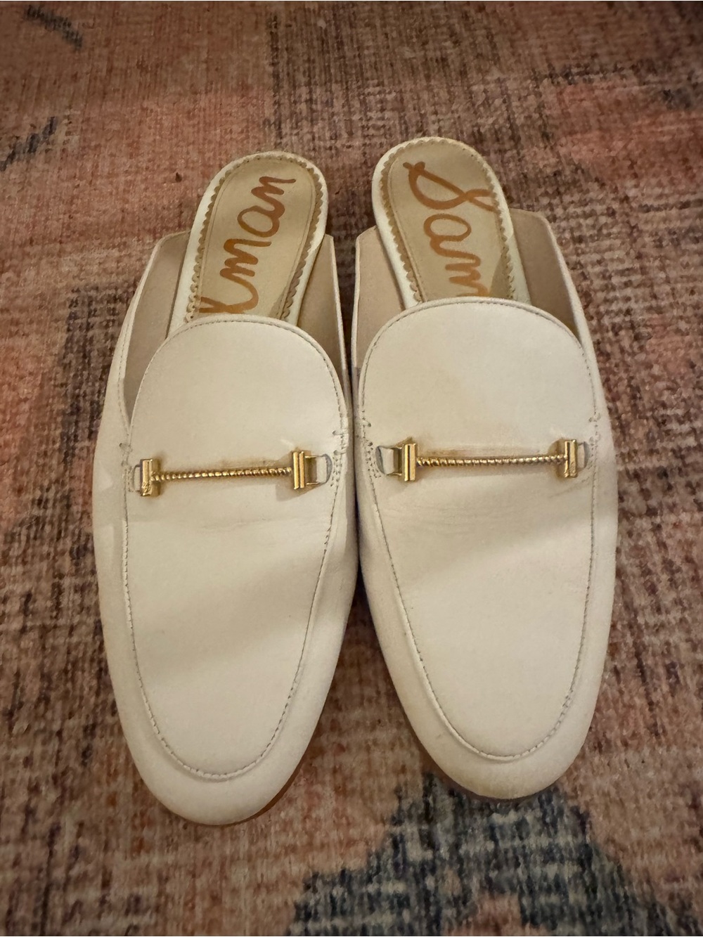 Sam Edelman Cream Slip-On Mule Loafers with Gold Bit